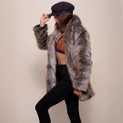 Warm Faux Fur Coat in Brown strips