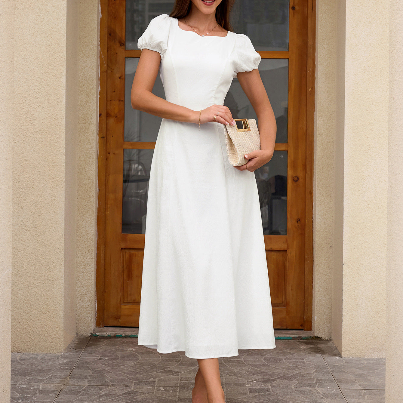 white short-sleeved open back strap slim A-line dress