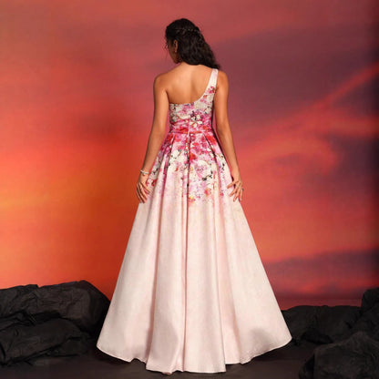 one-shoulder Printed sleeveless slit maxi dress