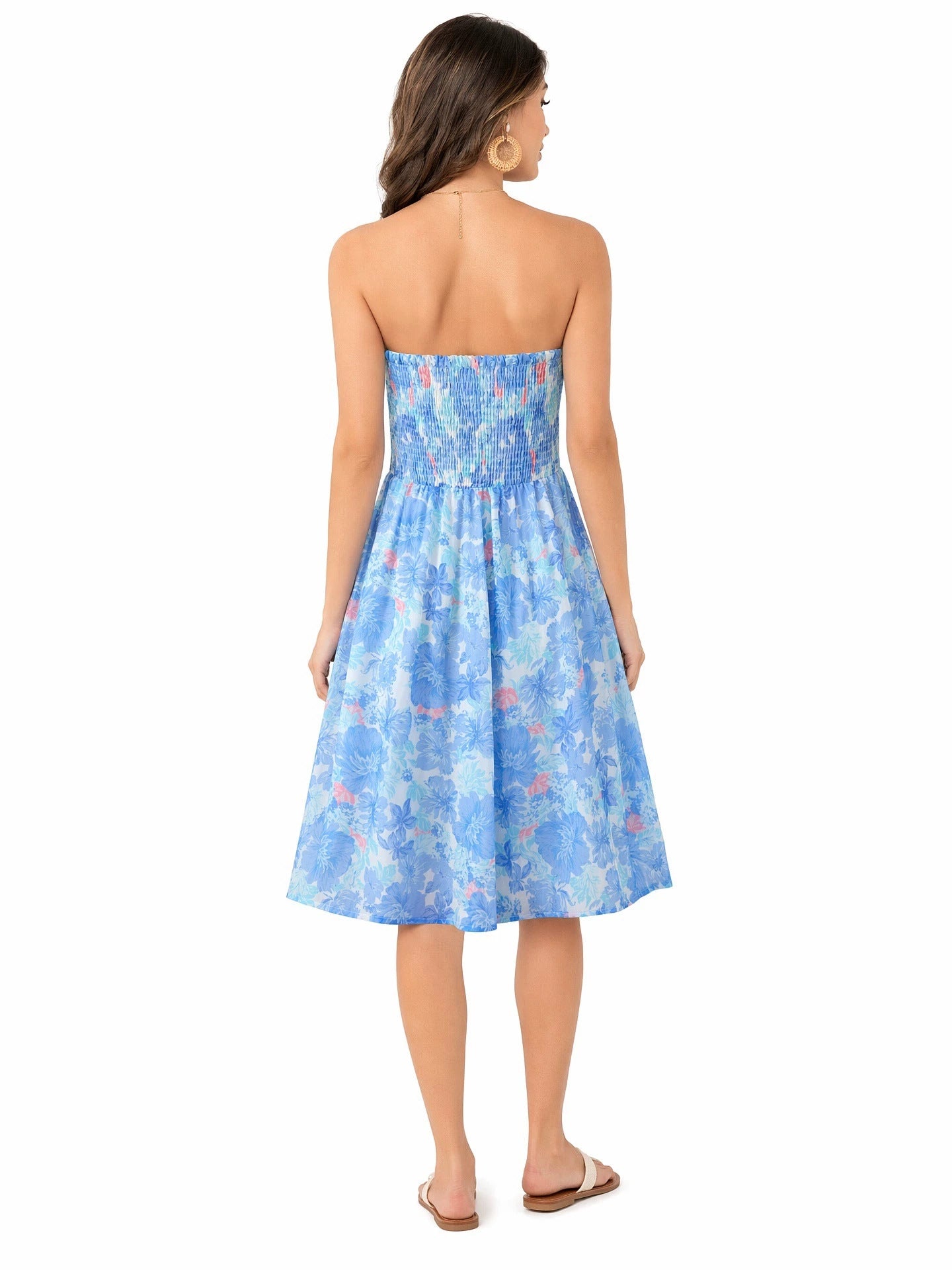 Beach-print strapless midi dress in blue