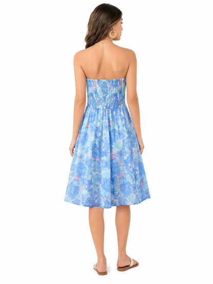 Beach-print strapless midi dress in blue