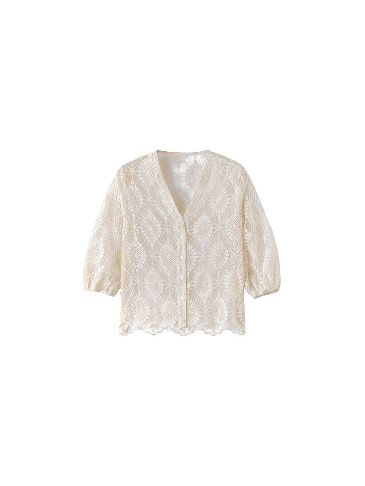 Hollow-out lace embroidered short cardigan - apricot