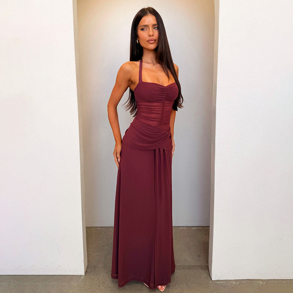 red wine low-cut halterneck dress