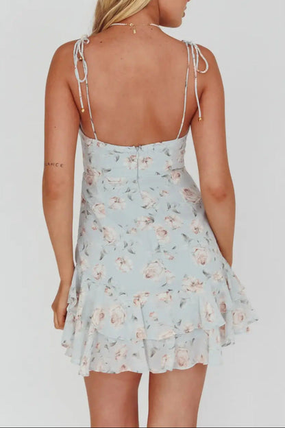 green Suspender Chiffon  Floral mini Dress