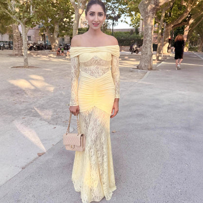 damla yellow Lace-trimmed flared sleeve fishtail dress