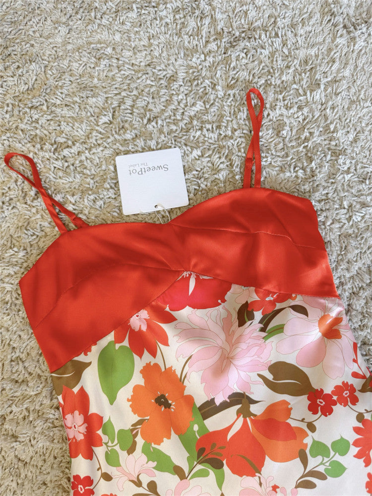 Two-Tone Satin Bust Floral Slip Mini Dress