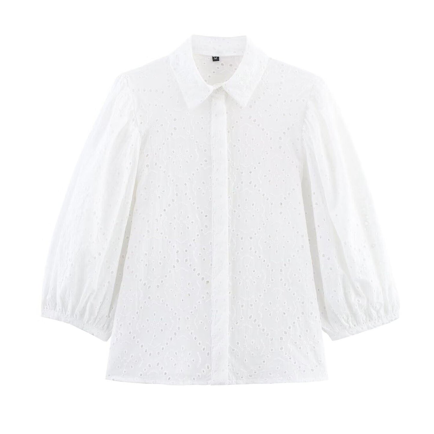 White Lap-up Collar Puffy Sleeve Hollow Embroidered Shirt