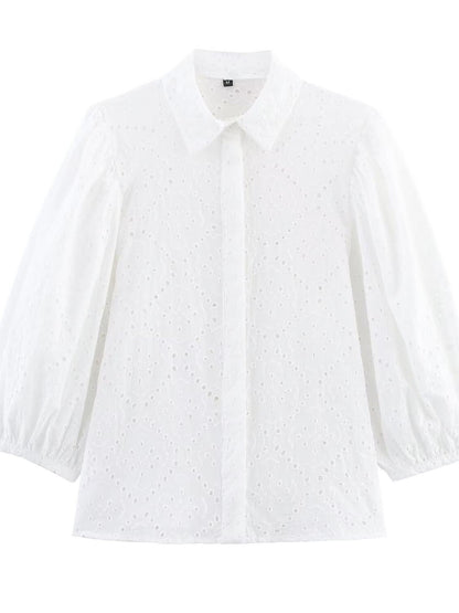 White Lap-up Collar Puffy Sleeve Hollow Embroidered Shirt