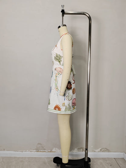 Backless Print Strap Mini Dress - white