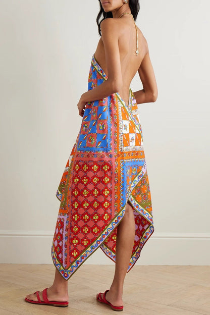 Printed satin backless halter neck dress