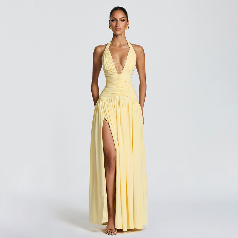 yellow halterneck slim back dress