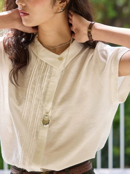 white linen jacquard asymmetrical lapel short sleeve shirt