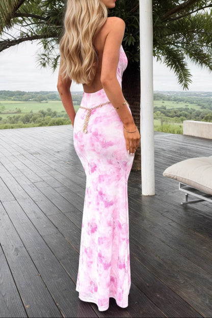pink halter neck backless maxi dress