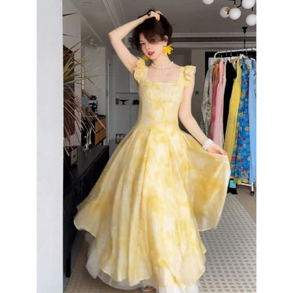 mandy square neck floral print maxi dress - yellow