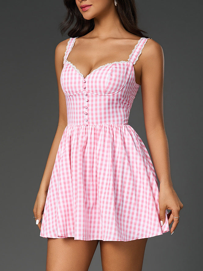 Pink plaid lace patchwork slip mini dress