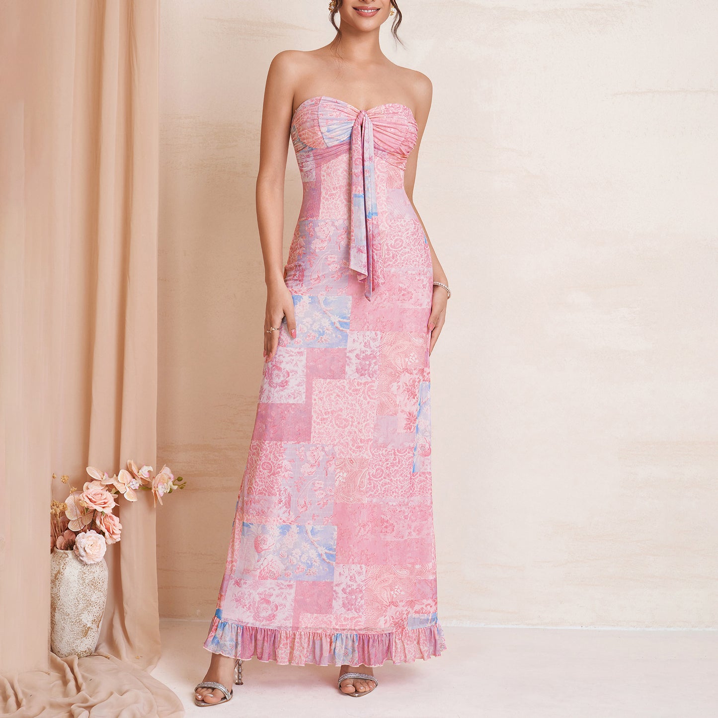 Patchwork Floral Strapless Tie Front Maxi Dress