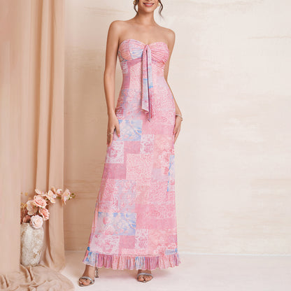 Patchwork Floral Strapless Tie Front Maxi Dress