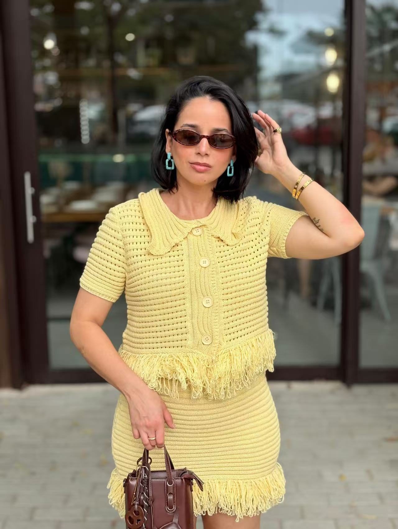 Cross-border European and American clothing AliExpress INS fringed short-sleeved knitted jacket + high-waisted miniskirt set