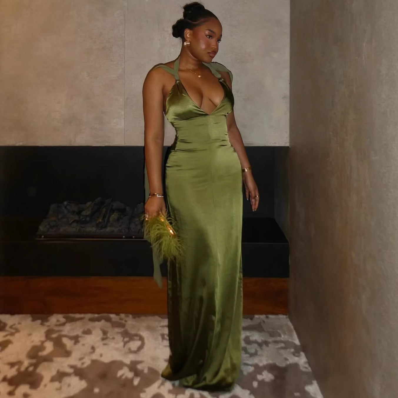 olive green satin deep V streamer maxi dress