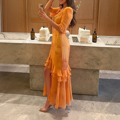 V-neck Vintage-print puff-sleeve slit maxi dress