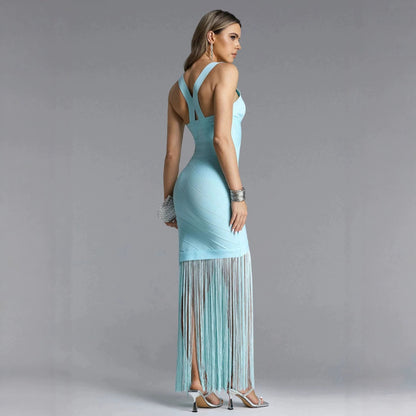 Halter-neck V-neck sleeveless fringe maxi dress in sky blue