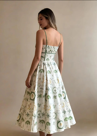 printed camisole waist-cinched midi dress