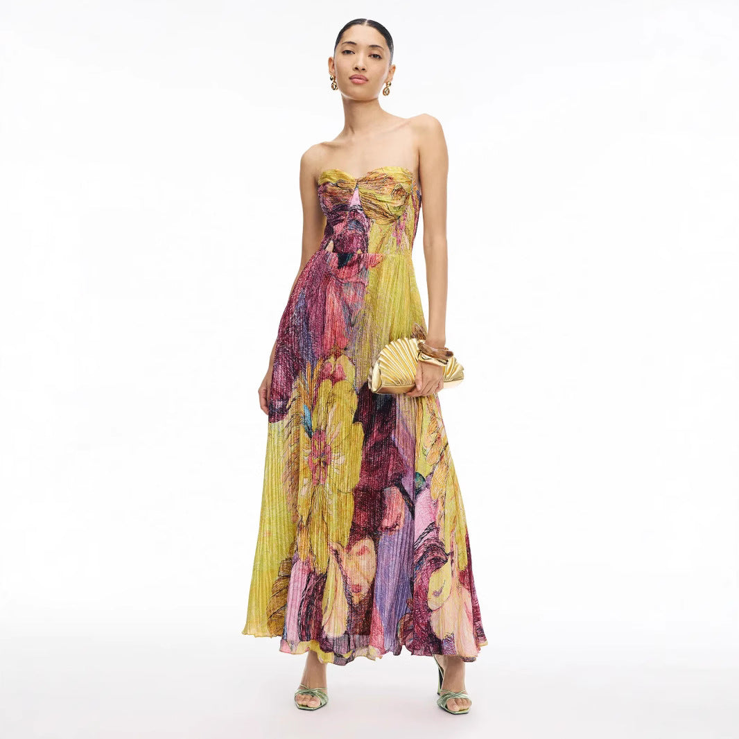 Floral print pleated strapless slip maxi dress