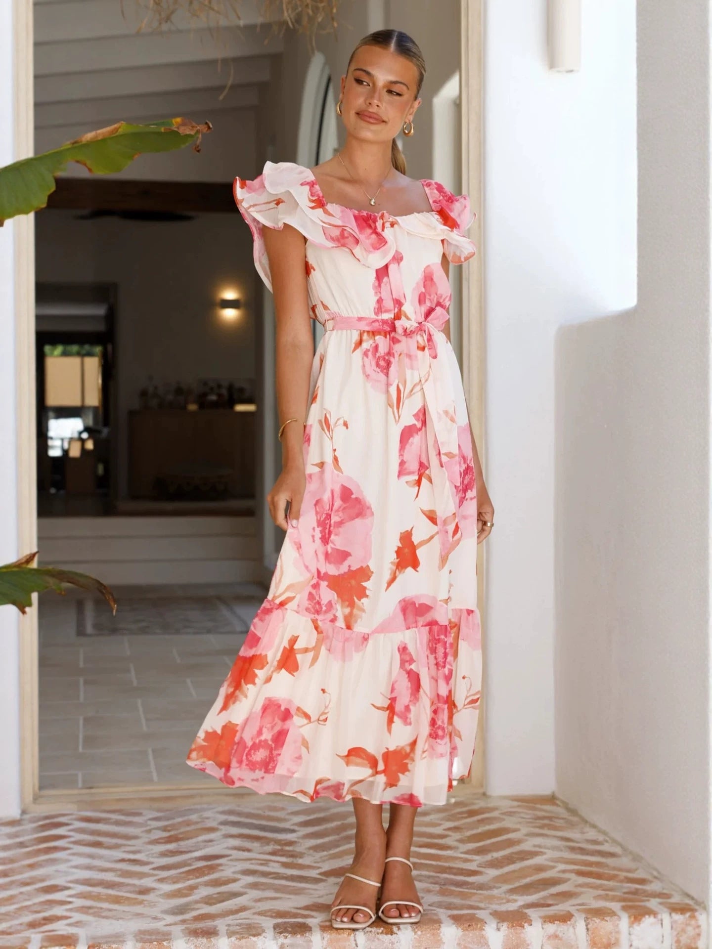 Floral print chiffon A-line maxi dress