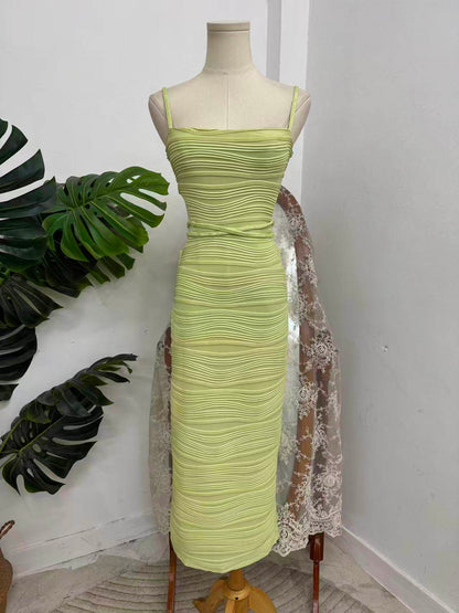 green Wavy-Patterned Strappy Maxi Dress with Waist Cutouts