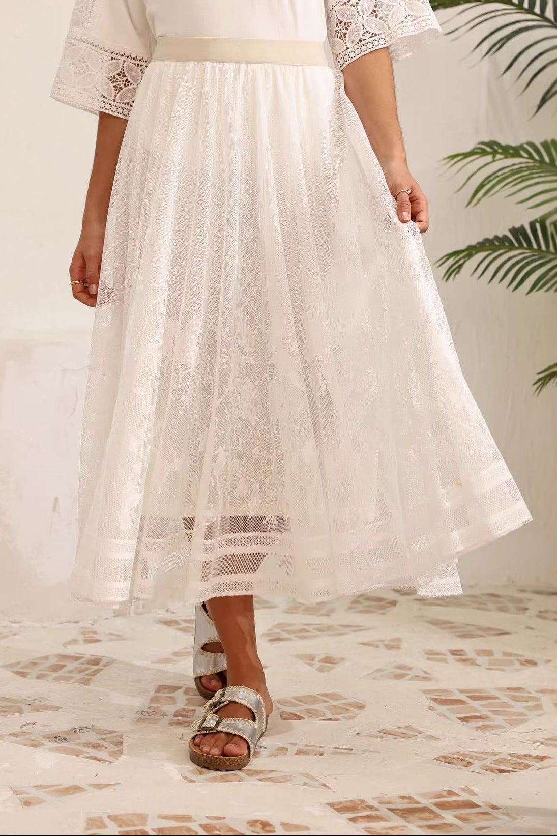 European and American cross-border foreign trade women's jacquard mesh A-line skirt French elegant commuting versatile breathable white skirt