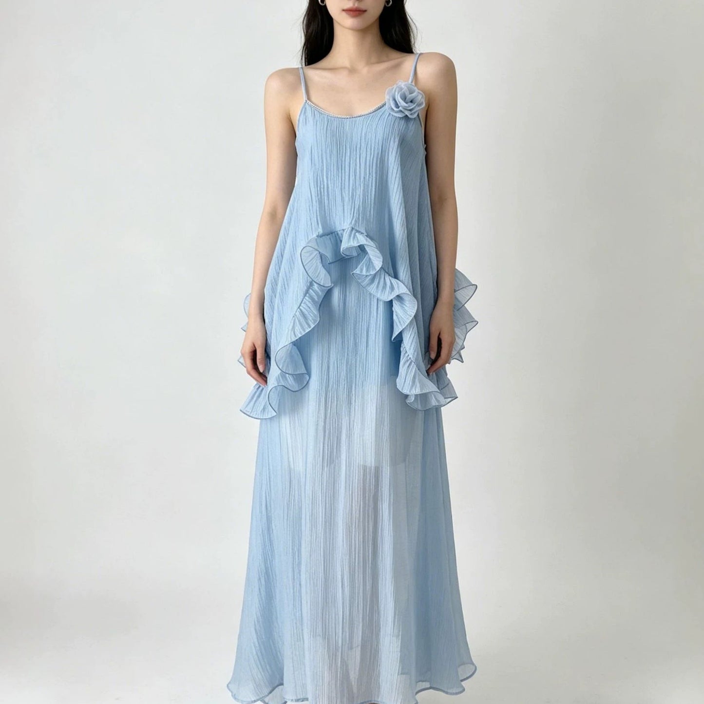 Irregular ruffle Tencel slip maxi dress - blue
