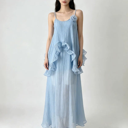 Irregular ruffle Tencel slip maxi dress - blue
