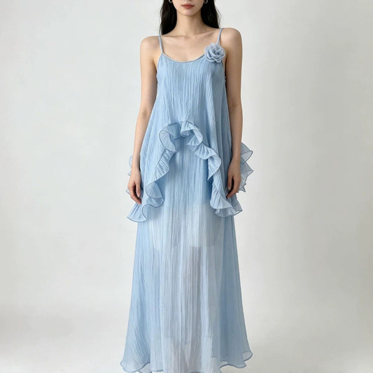 Irregular ruffle Tencel slip maxi dress - blue