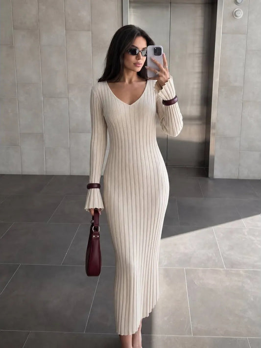 Beige Ribbed Knit Maxi Dress with Bell Sleeves Premium Fabric - product view 2