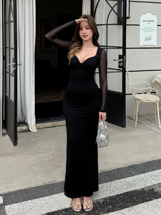 black V-neck backless slit mesh sheer long-sleeve patchwork dress