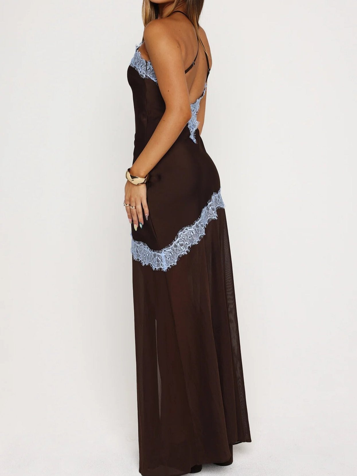 Halter-neck lace color-block patchwork backless dress