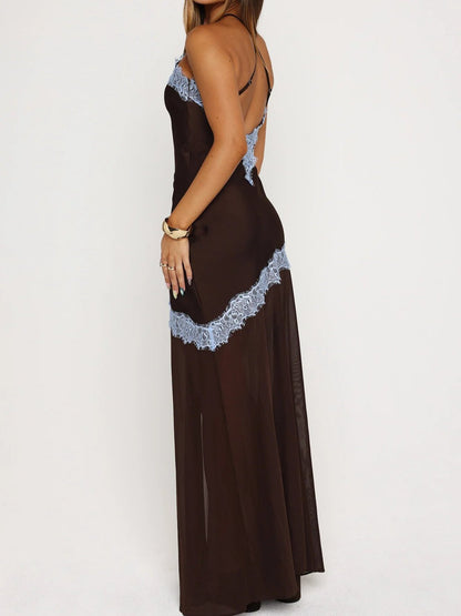 Halter-neck lace color-block patchwork backless dress