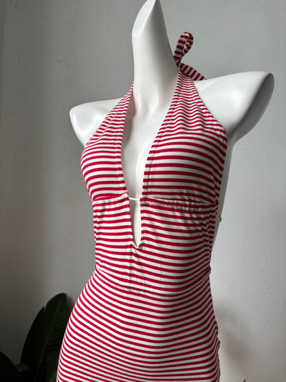 red and white striped halterneck suspender dress
