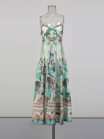 Bohemian print ruffled hem maxi dress - green