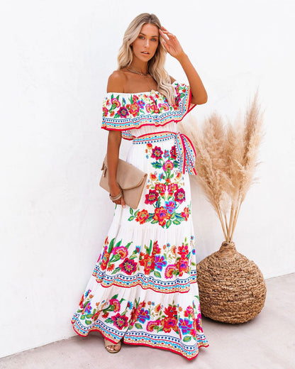 Off-shoulder printed maxi dress with a full skirt