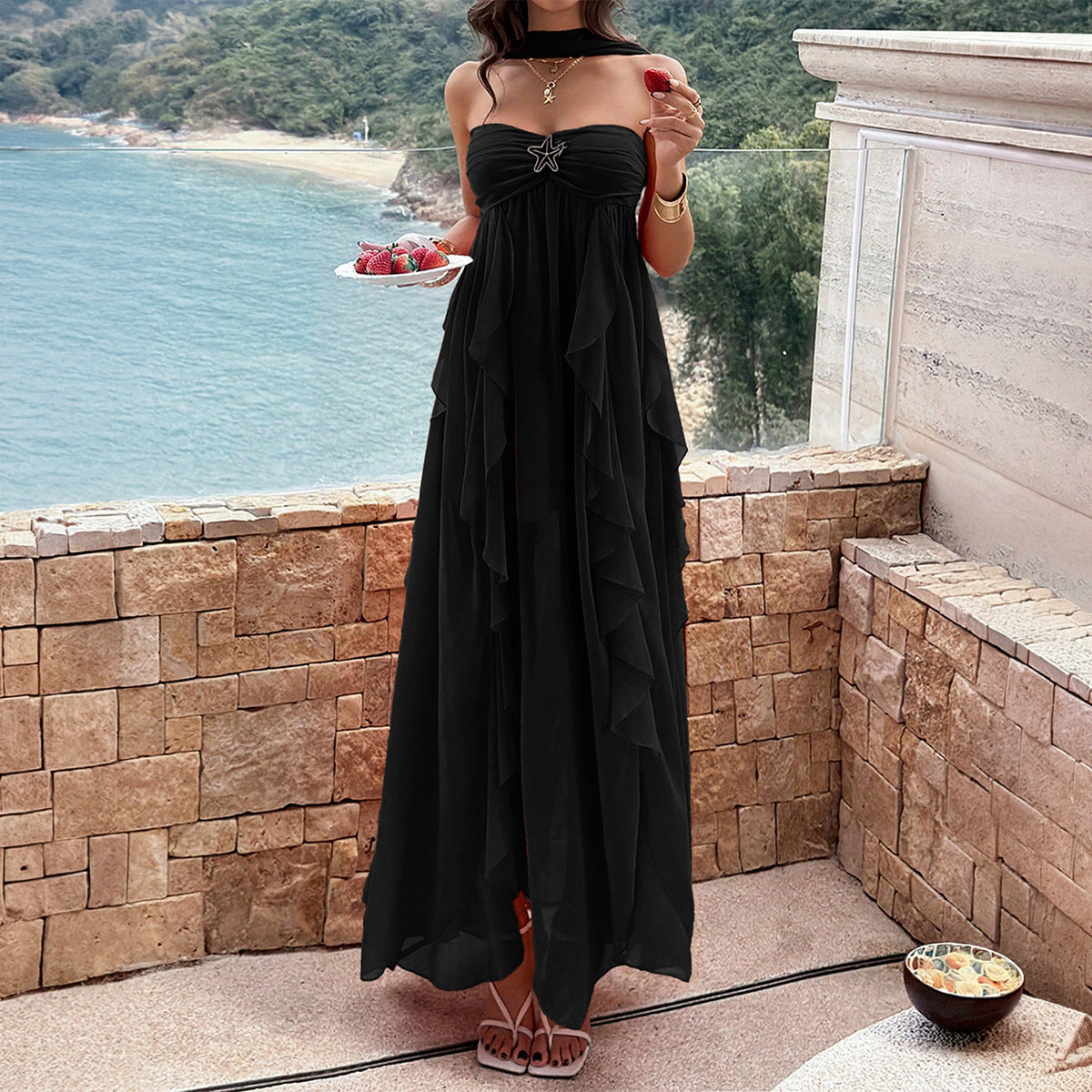 black bandeau layered ruffled dress