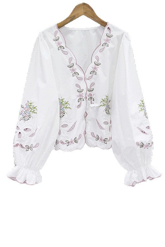 Openwork Embroidered V-Neck Closed Flared Sleeve Shirt