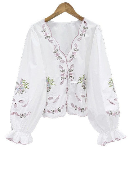 Openwork Embroidered V-Neck Closed Flared Sleeve Shirt