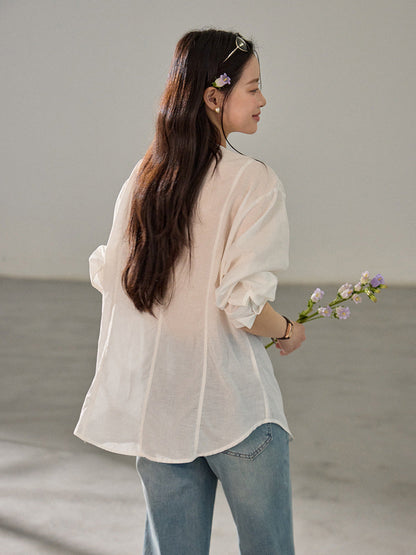 Retro V-neck lace embroidered Tencel shirt