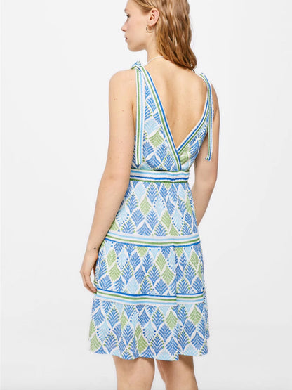 floral bow strap V-neck backless waist dress