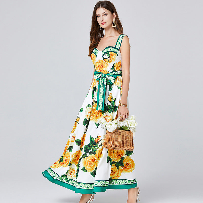 Off-shoulder backless printed sleeveless camisole maxi dress