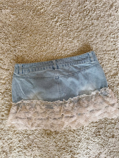 layered lace ruffle patchwork with pure cotton denim low-rise mini short skirt