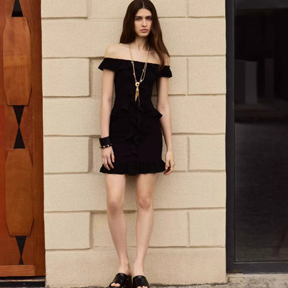black one-shoulder ruffled mini dress