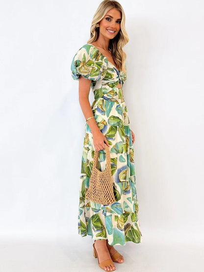 Printed puff-sleeve maxi dress with full flared skirt