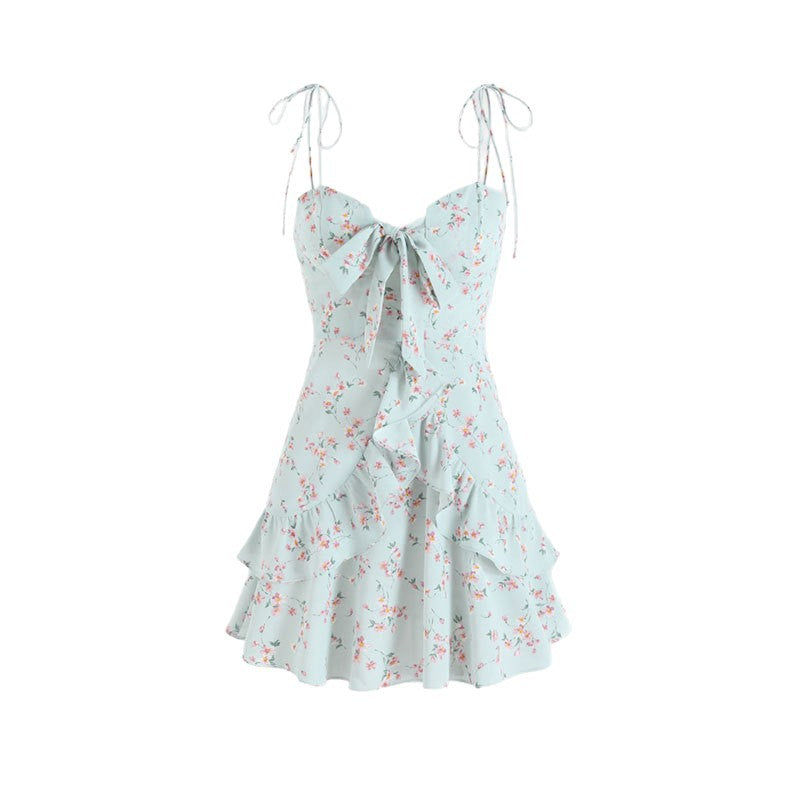green Suspender Chiffon  Floral mini Dress